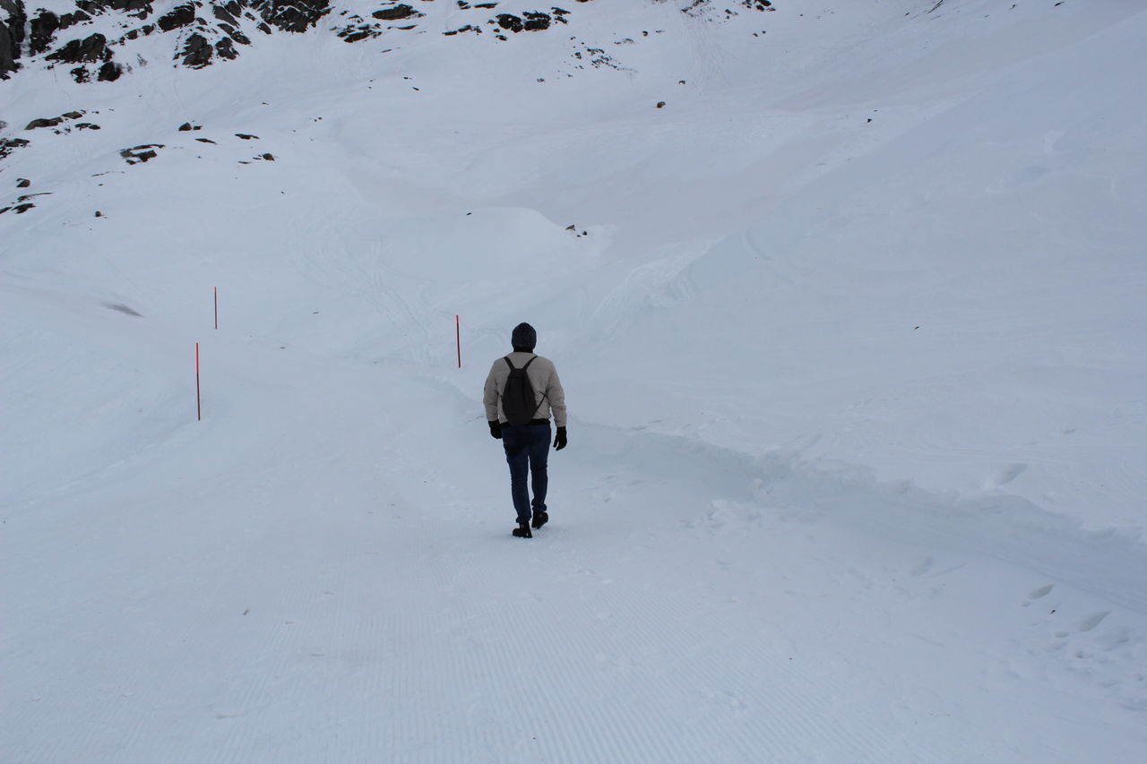 FULL LENGTH REAR VIEW OF PERSON WALKING IN SNOW