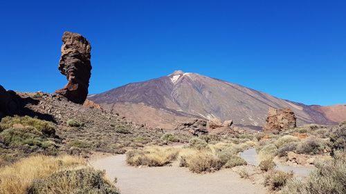 Rock formations on landscape against clear blue sky