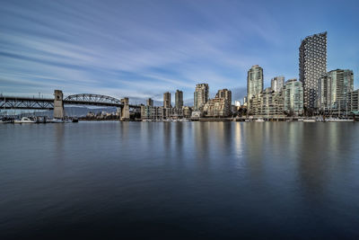 View of bridge over river with buildings in background