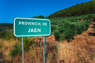 Information sign on road by trees against blue sky