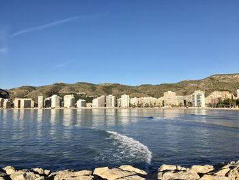 Scenic view of sea against clear blue sky