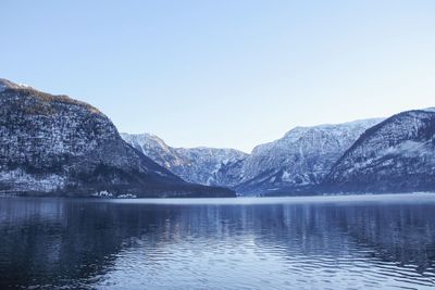 Scenic view of lake and mountains against clear sky