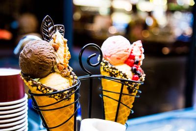 Close-up of ice creams in city