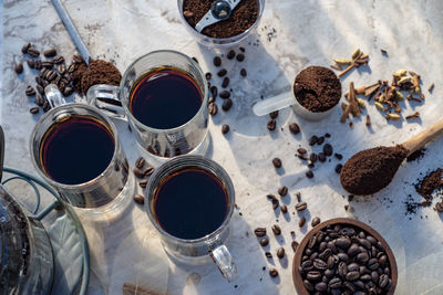 High angle view of coffee beans on table