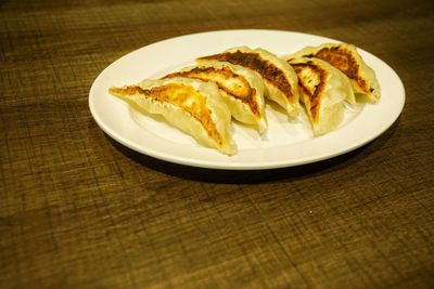 High angle view of food in plate on table