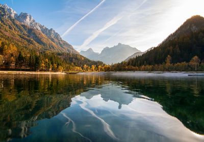 Scenic view of lake and mountains against sky