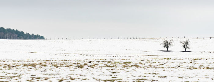 Scenic view of snow covered field against clear sky