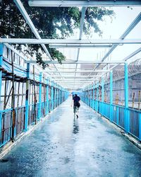 Rear view of people walking on footpath against sky