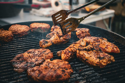 Close-up of meat on barbecue grill