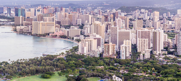 High angle view of modern buildings in city