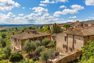 Panoramic view of houses and buildings against sky