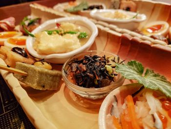 High angle view of meal served on table