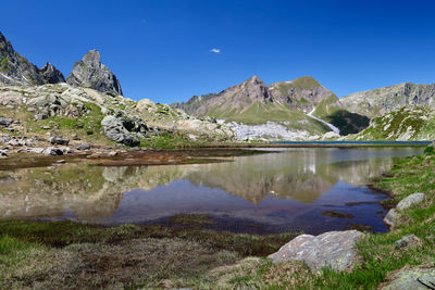 Scenic view of lake and mountains against blue sky
