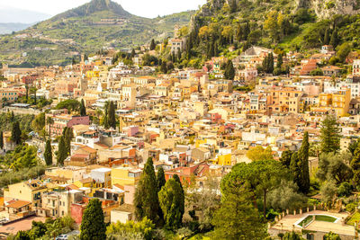 High angle view of townscape and buildings in town