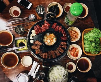 Directly above shot of food served on table