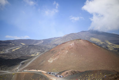 Scenic view of volcanic mountain against sky