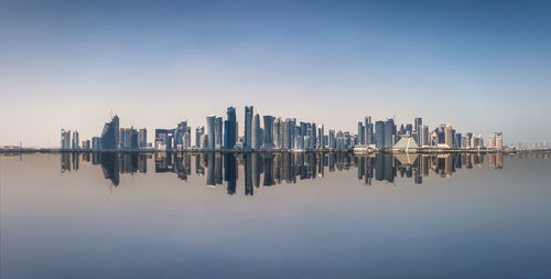 Panoramic view of sea and buildings against clear sky