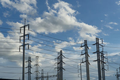Low angle view of electricity pylon against sky