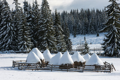Scenic view of snow covered huts against sky