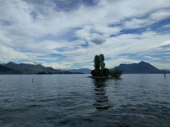 Scenic view of lake against cloudy sky