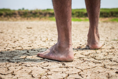 Low section of person on drought land