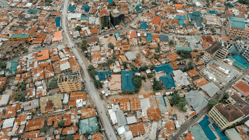 High angle view of buildings in city