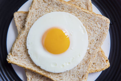 High angle view of fried egg with bread slices in plate