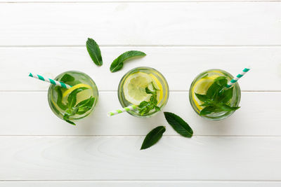 High angle view of mint leaves on table