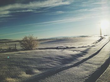 Scenic view of beach against sky during winter