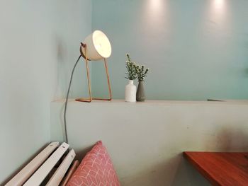 Potted plant on table against illuminated wall at home