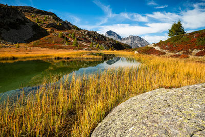 Scenic view of lake and mountains against sky