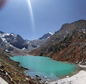 Scenic view of sonsar lake by mountains against sky