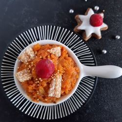 High angle view of breakfast served on table
