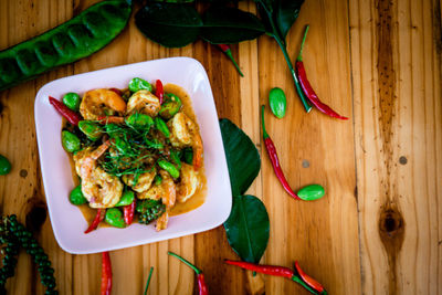 High angle view of meal served on table