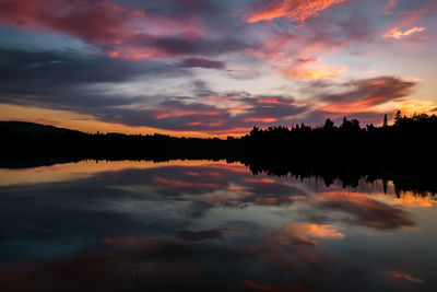 Scenic view of lake against dramatic sky during sunset
