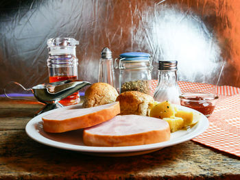 Close-up of breakfast served on table