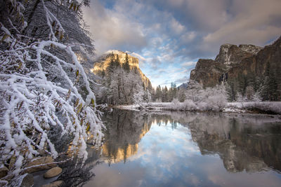 Scenic view of lake against sky during winter