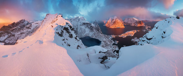 Panoramic view of snowcapped mountains against sky