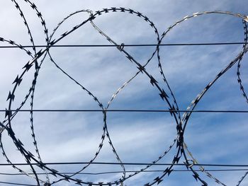 Low angle view of barbed wire against cloudy sky