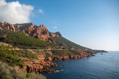 Scenic view of sea and mountains against sky