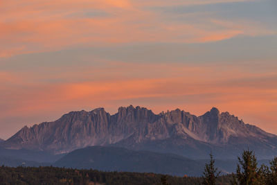 Scenic view of mountains against sky during sunset