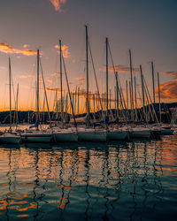 Sailboats in marina at sunset