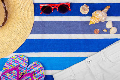 High angle view of sunglasses on hat