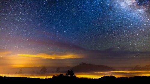 Scenic view of silhouette trees against sky at night