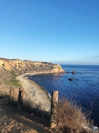 Scenic view of sea against clear blue sky