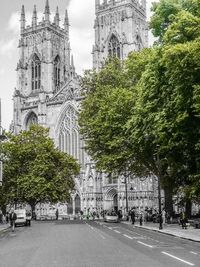 Street amidst trees and buildings in city