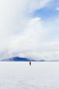 Distance shot of a person walking on snowed landscape