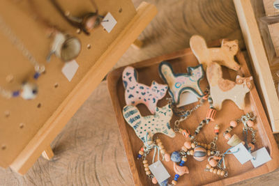 High angle view of christmas decorations on table