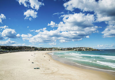 Scenic view of beach against cloudy sky