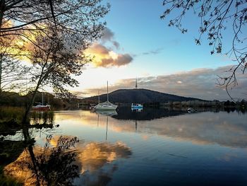 Scenic view of lake at sunset